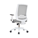 a white office chair with a white mesh back and a gray seat