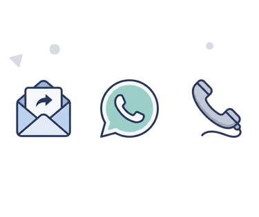 Flat line contact icons including email envelope, WhatsApp chat bubble, and telephone handset.