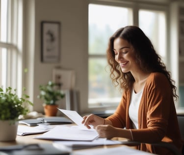 A friendly bookkeeper reviewing financial documents with a client in a cozy office setting.