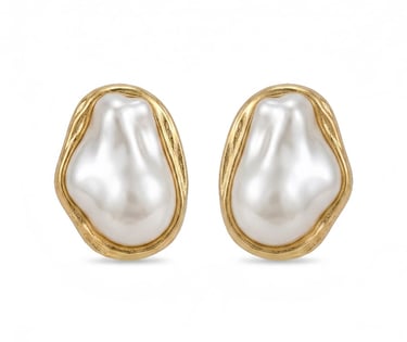 Elegant gold stud earrings featuring large baroque pearls in a textured organic frame.