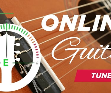 Close-up of an acoustic guitar with digital tuner interface for online guitar tuning.