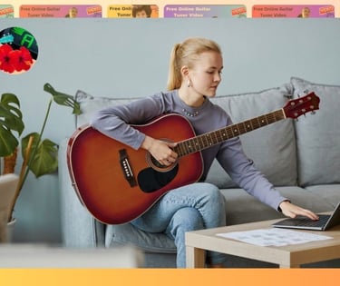 Young woman learning to play acoustic guitar using an online tuner video on her laptop.