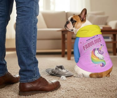 a dog wearing a pink shirt hoodie with a unicorn on it
