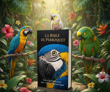 A Macaw book titled La Bible du Perroquet surrounded by colorful parrots in a lush tropical jungle.