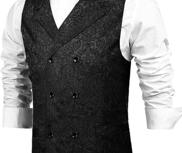 a man in a Victorian style floral black vest and bow tie