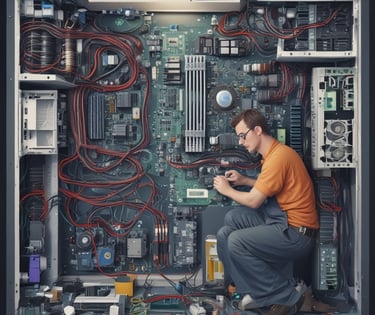 Technician repairing a desktop computer with tools on a workbench.