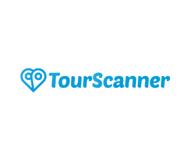TourScanner logo featuring a blue heart-shaped icon with binoculars on a black background.