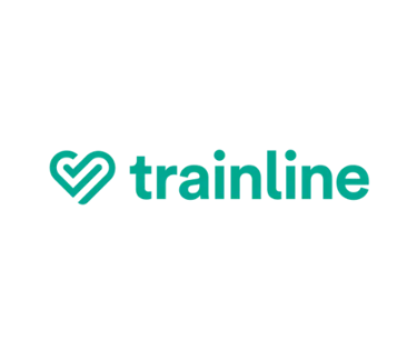 Trainline logo featuring a mint green heart-shaped icon and brand name on a black background.
