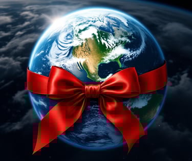 The planet earth with a red bow around it