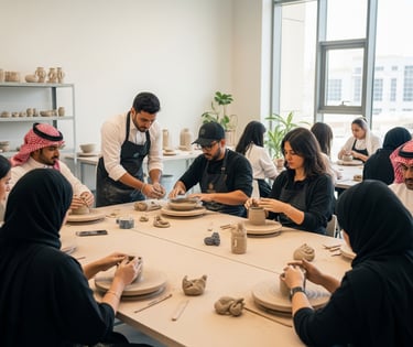 Participants attending a hands-on pottery class hosted by a local artist in Saudi Arabia through LeW