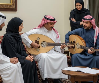 Local musician teaching an oud class as part of a cultural event in Saudi Arabia hosted via LeWhdk