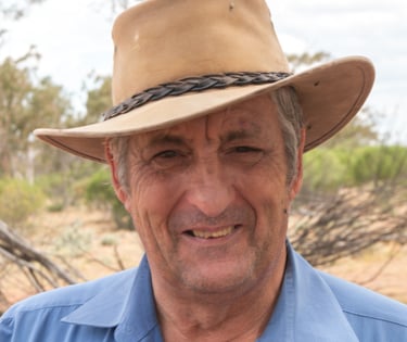 Portrait of Peter Frazer at Cunnamulla, bush poet. Also on the back cover "Beyond the Boundary Gate"