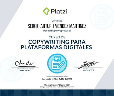 Certificado del Curso de Copywriting para plataformas Digitales