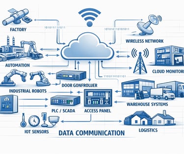 Industrial data communication diagram showing  connectivity between factory equipment, sensors,