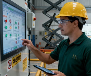Técnico da Play KRon executando manutenção em painel de automação (CLP) de plataforma elevatória tipo tesoura, com EPI e lock
