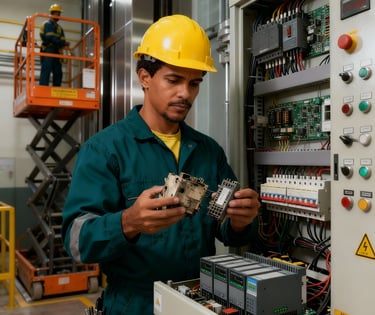 Técnico realizando retrofit de painel de automação em plataforma elevatória industrial - modernização de CLP - Play Kron