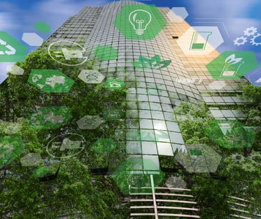 um prédio de negócios com plantas na paredes representando sustentabilidade empresarial.