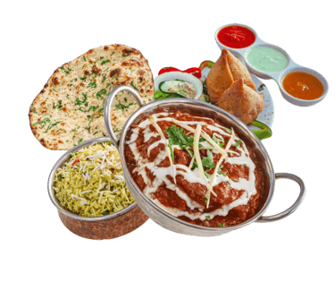 Plato típico hindú: curry, arroz, pan naan, tikka, masala, tandoori