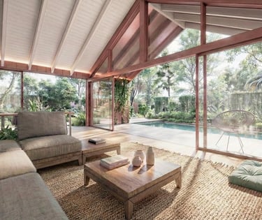 Estar comedor integrados con el exterior por grandes ventanales. casa rancho. arquitectura con sentido.