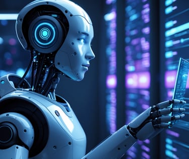 Advanced AI robot representing Natomi's virtual assistant for guest services.