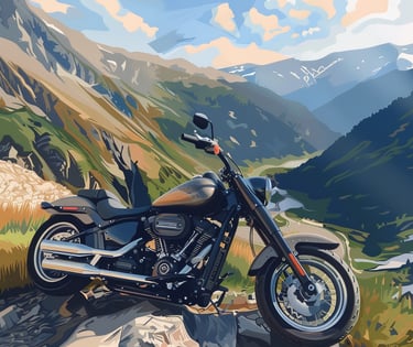Eine Illustration von einem Motorrad, das vor einem Tal parkiert steht