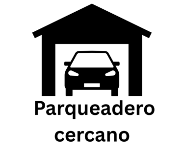 Icono de parqueadero cercano con silueta de auto en garaje y texto descriptivo en negro.