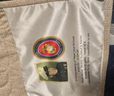 Sublimated quilt label with photo printed on fabric for a memory quilt