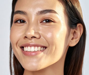 close up of woman's face smiling with glowing skin