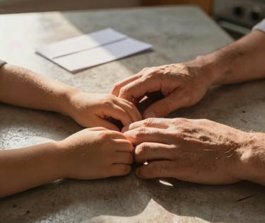 Tight frame of a child's hands and an adult's hands resting together on a worn kitchen table, late afternoon golden-hour light slanting through a window at the left edge, a folded letter visible just out of focus in the background — quiet domestic intimacy, no faces