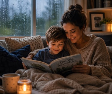 A mother and son reading a book on a rainy day. 