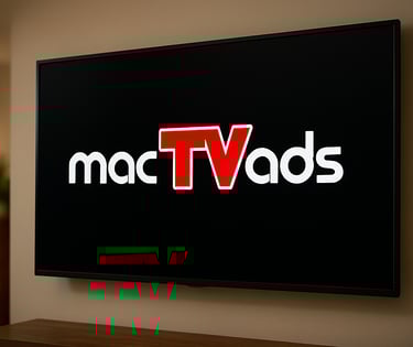 the image portrays a TV installed to a wall with the words, "macTVads" shown on it