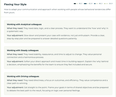 A communication guide for flexing your style with analytical, steady, and driving workplace colleagues.
