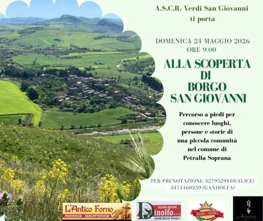 Event poster for a walking tour of Borgo San Giovanni in Petralia Soprana, Sicily, featuring a landscape view.