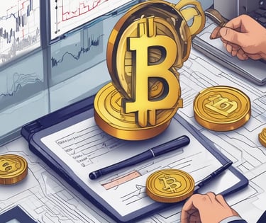 A shiny gold coin featuring the Bitcoin logo is placed next to a colorful, geometric crystal. The background includes branding elements with the Binance logo and the word 'executium'. A faint chart is visible in the background, indicating a financial or trading context.