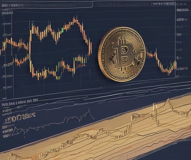 A shiny gold coin featuring the Bitcoin logo is placed next to a colorful, geometric crystal. The background includes branding elements with the Binance logo and the word 'executium'. A faint chart is visible in the background, indicating a financial or trading context.