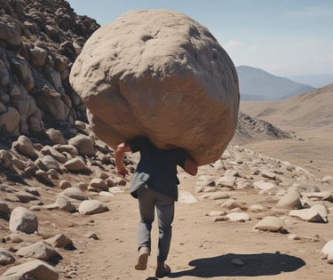 a man carrying a large rock on a mountain