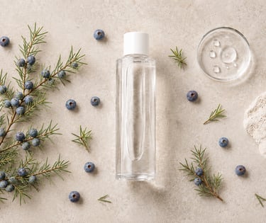 Juniper berry water bottle surrounded by Juniperus communis berries, evergreen branches