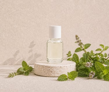 Fresh Mentha piperita leaves beside clear pale yellow peppermint essential oil