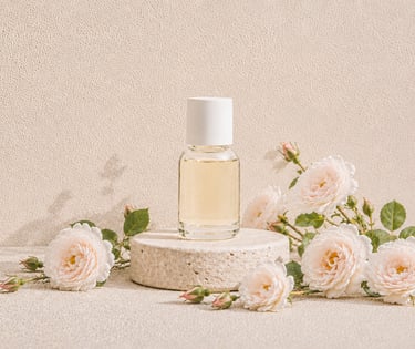 White Rosa alba flowers beside pale golden Rose Alba essential oil