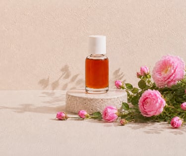 Rose absolute bottle on natural stone surrounded by pink Rosa damascena flowers and scattered rose petals