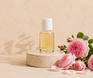 Rose Centifolia oil bottle with layered pink Rosa centifolia flowers