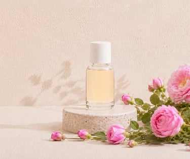 Rosa damascena flowers beside pale golden Damask rose essential oil
