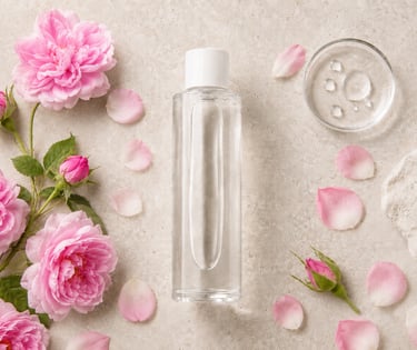 Rose water bottle surrounded by pink Rosa damascena flowers