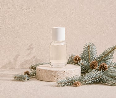 Abies alba branches and cones beside pale yellow silver fir essential oil
