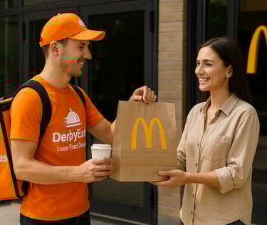 DerbyEats driver picking up an order at a local restaurant.