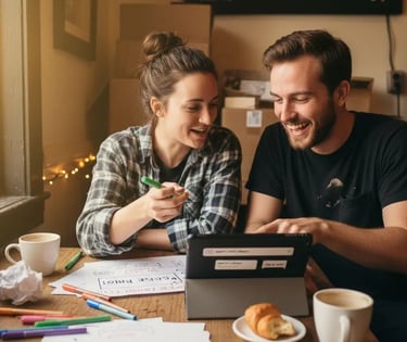 Coworkers brainstorming social content in café