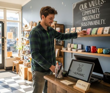 Owner arranging shelves showcasing store identity