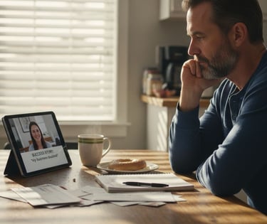 Customer watching testimonial video at home