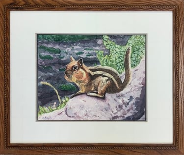Framed ink painting of a chipmunk sitting on a rock with a green nature background.