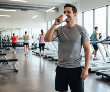 Gym member drinking a post-workout protein shake — representing Suppbox affordable gym nutrition sol